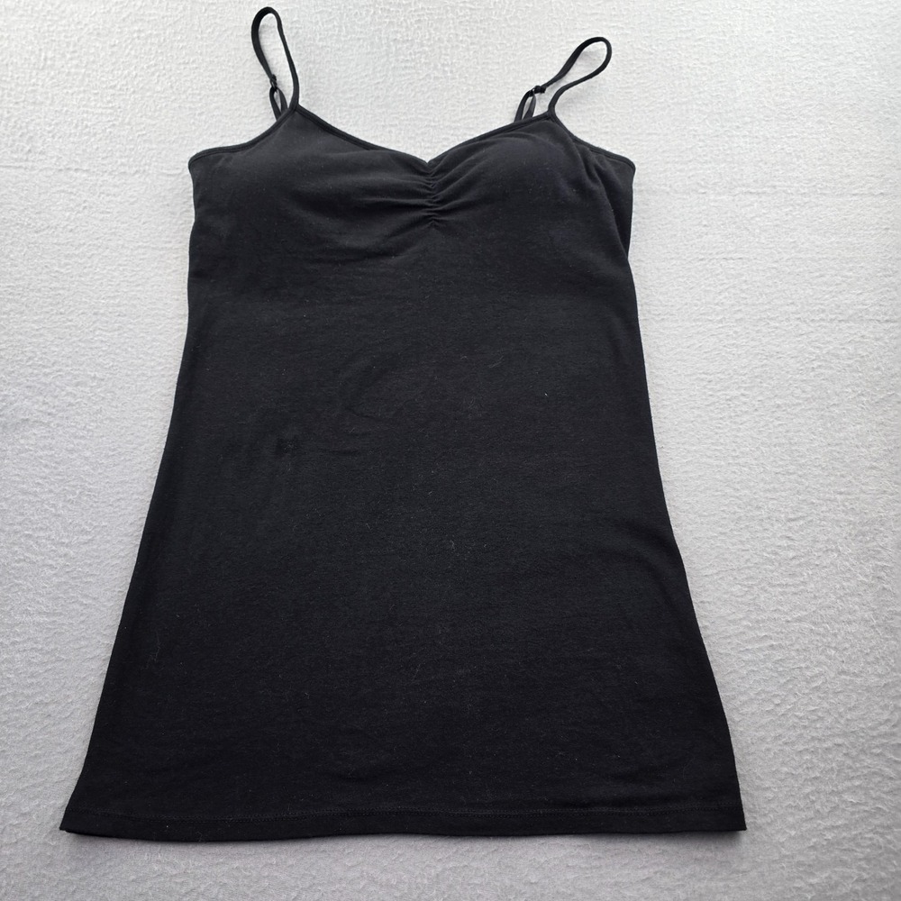 SO Perfect Tunic Cami Tank Top Womens L Black Fitted Spaghetti Strap Ruched Neck